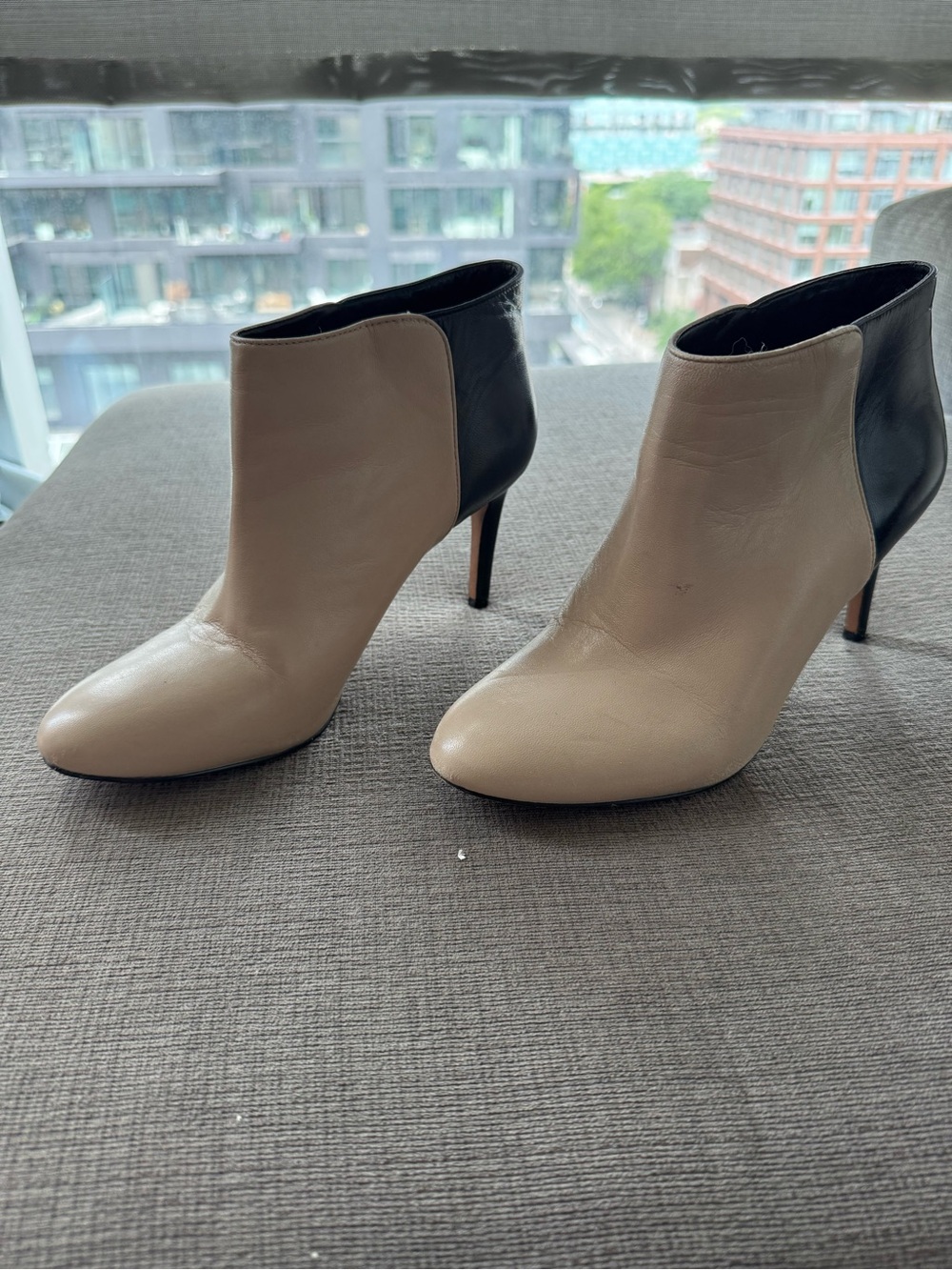 Nine West Beige and Black Leather Pointed Toe Ankle Booties